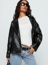 Kaeden Faux Leather Stud Detail Biker Jacket Black